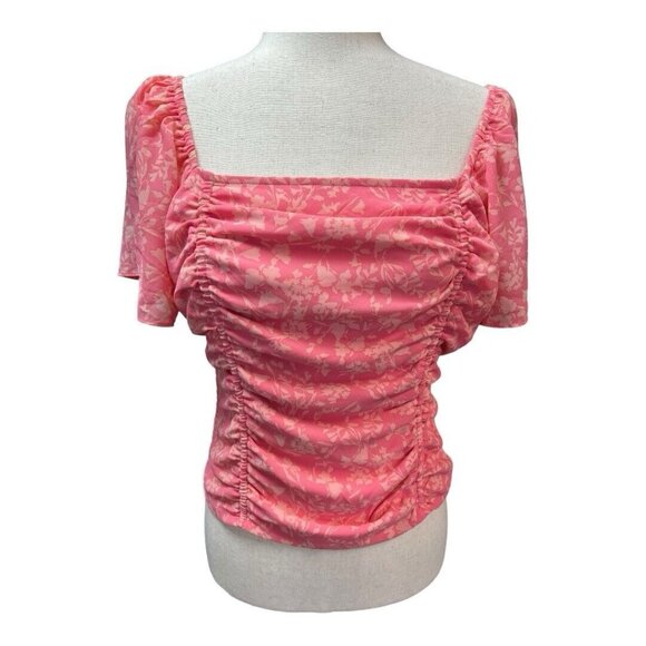Lush Floral Ruched Front Blouse~Size Medium~Pink Smocked Back Top NWOT  L13 16 - Picture 1 of 11